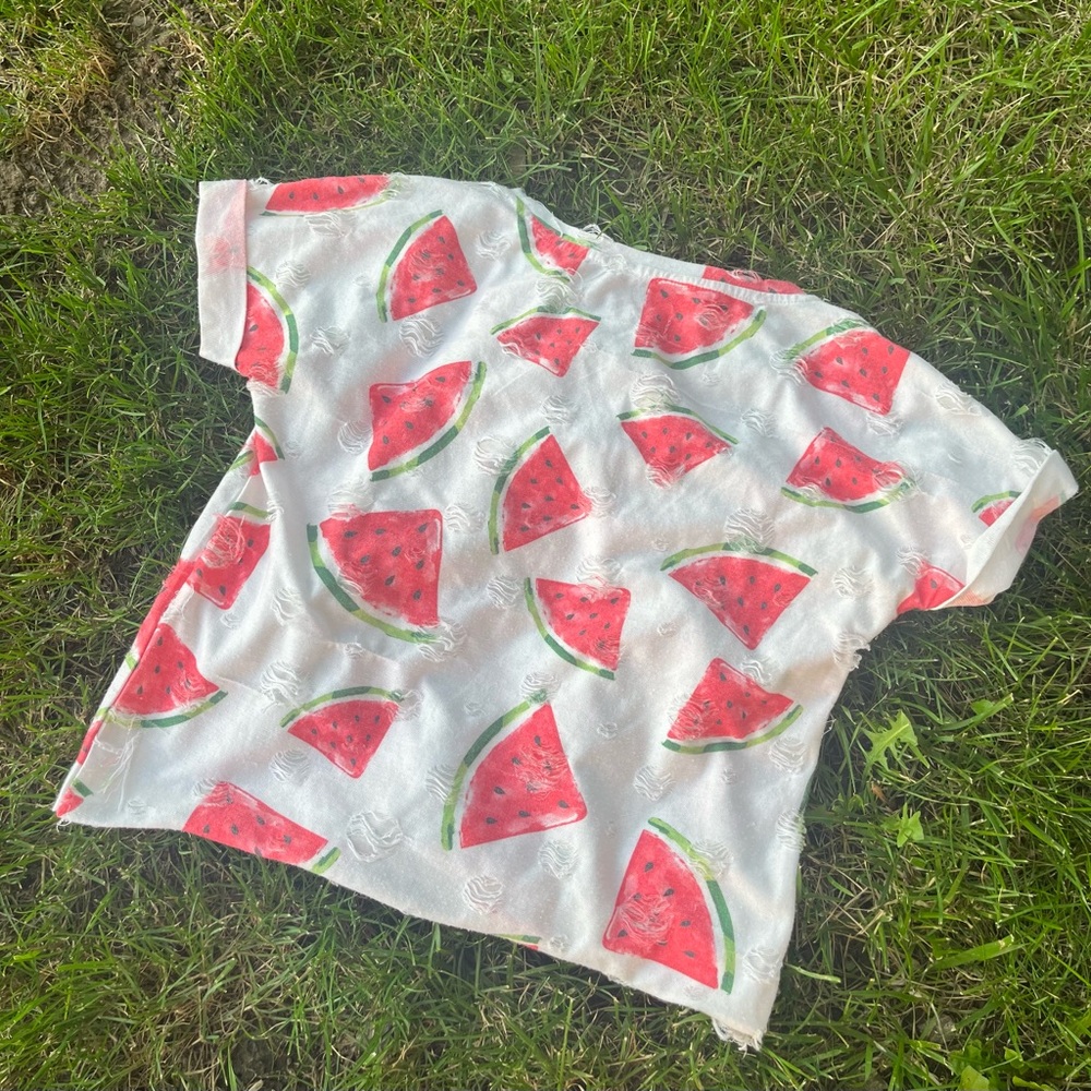 Short Sleeve Watermelon Print Tee Juniors XS Distressed Cropped White/Pink/Red